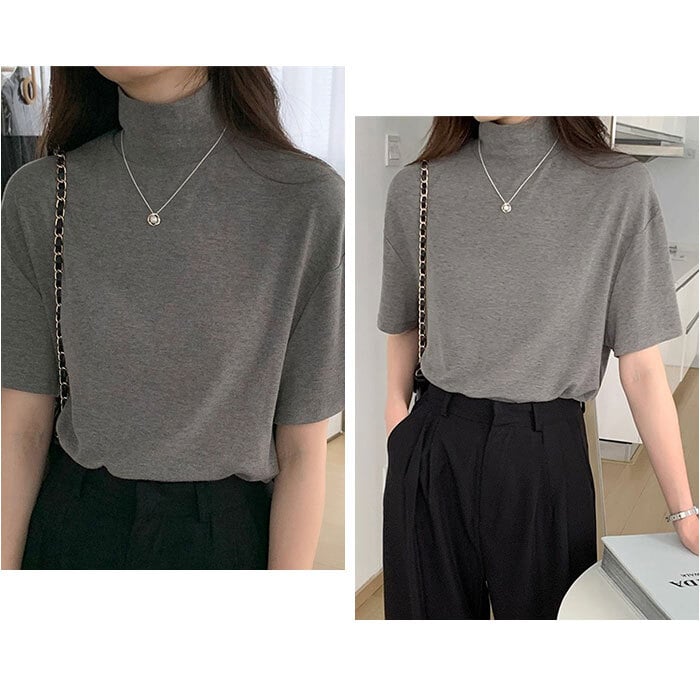 tシャツ 通販 カットソー レディースTシャツ トップス 半袖 ハイネック オフィスカジュアル モックネック 通勤 通学 女性 レディース ゆったり ゆるT 無地 ストレッチ 大きいサイズ カジュアル シンプル プルオーバー インナー