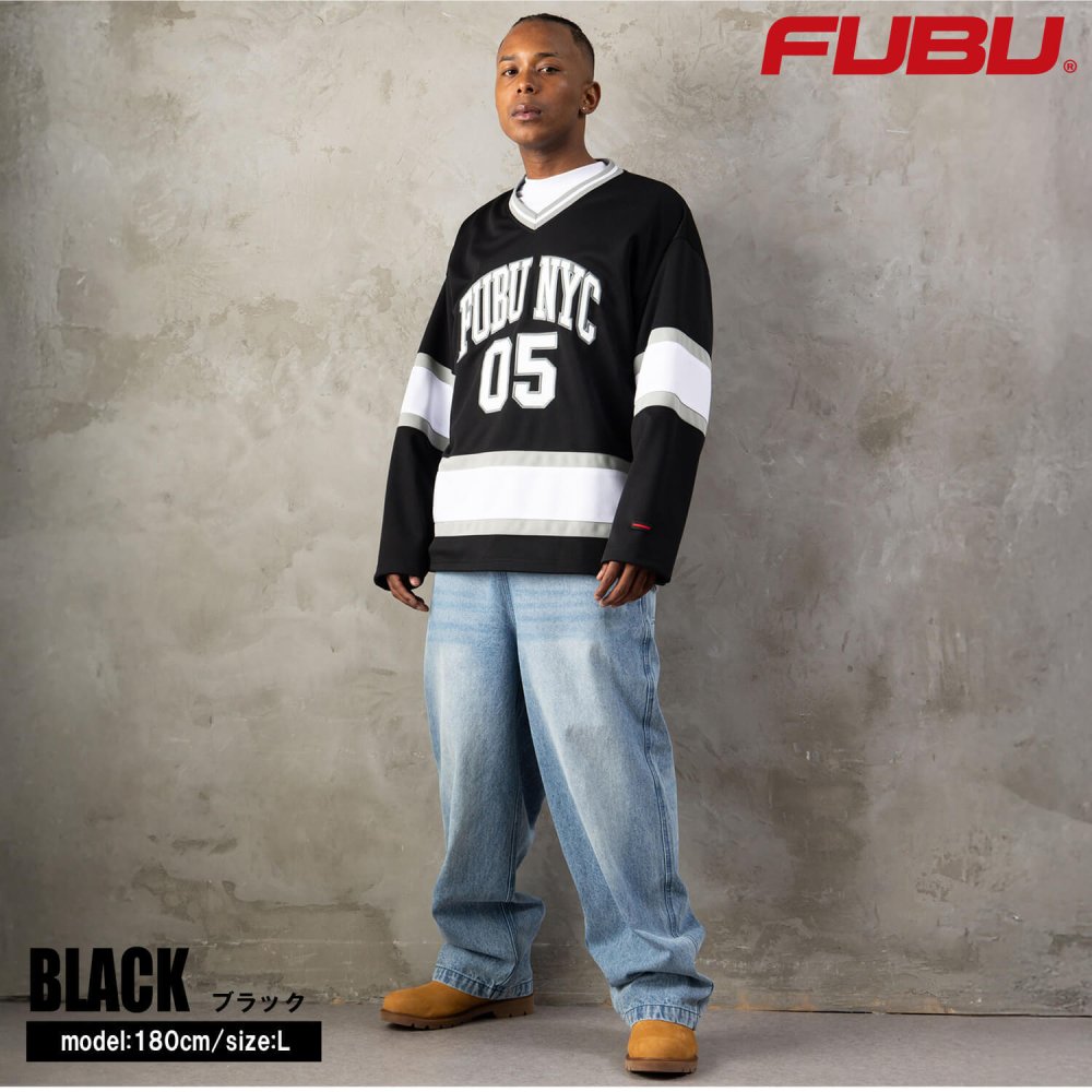 FUBU フブ ホッケーシャツ メンズ レディース fam-62712 ホッケージャージ ゲームシャツ 長袖 Vネック ナンバリング ロゴ プリント オーバーサイズ ストリート ヒップホップ ダンス カジュアル M L XL XXL 2026FW Karlas