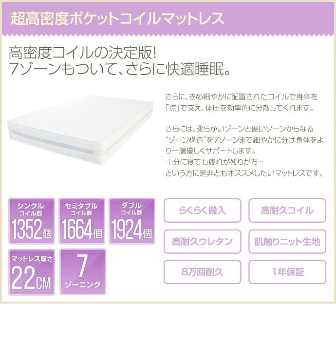 ベッド 寝具 マットレス セミダブル 超高密度ハイグレードポケットコイルマットレス マット ベットマット セミダブルサイズ 寝心地 シンプル 快眠 送料無料