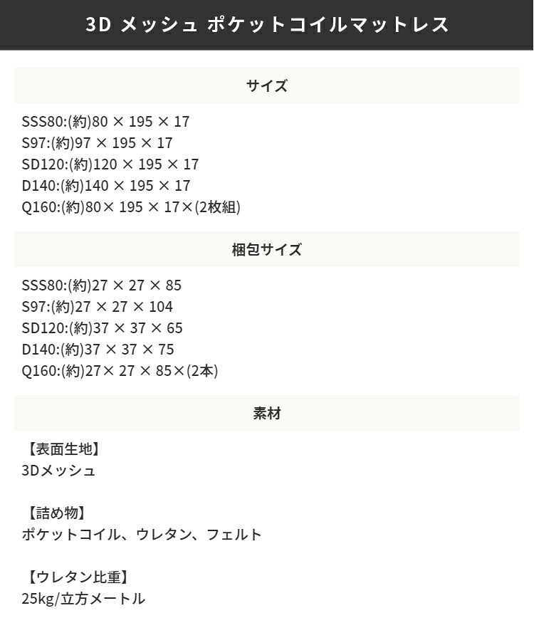 マットレスのみ 3Dメッシュ グレー ポケットコイルマットレス 高密度 ポケットコイル マットレス 厚み17cm 衛生的 通気性 スプリングマット ボンネルマット ボンネル コイル数 用 マット圧縮梱包 シングル シングルサイズ 5面メッシュ素材 寝具