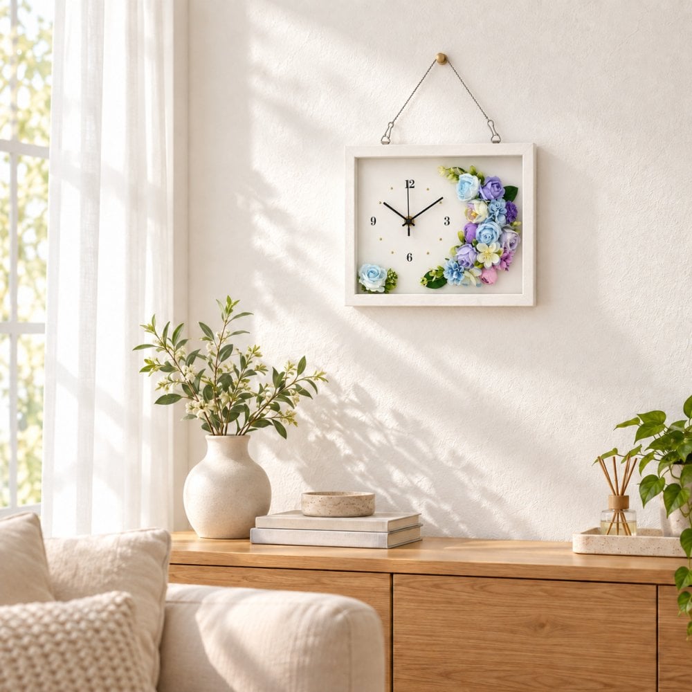 ◆花時計 ラージサイズ【BOX FLOWER フルール・クレセント】（ ブルーパープル）置時計 （掛時計オプション有り） ハンドメイド 文字入れ可能