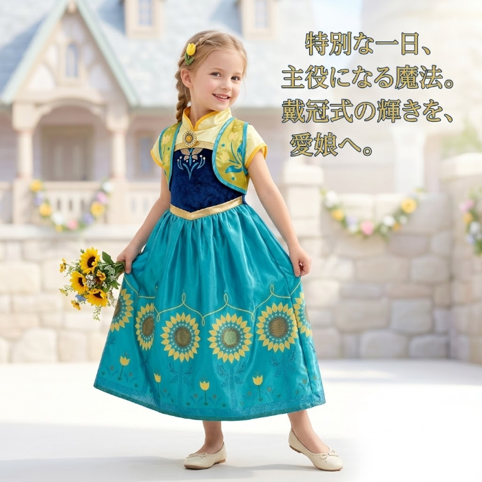 【アウトレット/新品】プリンセス ドレス 子供 キッズ ワンピース 女の子 なりきり コスプレ 仮装 コスチューム お姫様 ひまわり 花柄 グリーン 誕生日 バースデー プレゼント 発表会 ハロウィン クリスマス テーマパーク お出かけ 衣装 こども 子ども 春 夏 秋 冬