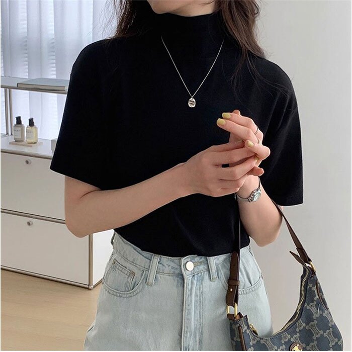 モックネックTシャツ 通販 半袖カットソー ドロップショルダー タートルネック ストレッチ素材 カジュアル 伸縮性 ゆるTシャツ 無地 シンプル 首元カバー 日よけ対策 プルオーバー 春夏秋 無地Tシャツ おしゃれ オシャレ