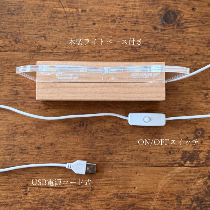 光るアクリルBOOKスタンド ロゴ・QRコード彫刻　　ショップ お店 店舗 開店祝い レジ横 オーダーメイド 御祝 プレゼント ギフト 木製 透明 フリーWi-Fi インスタ LINE バーコード USB ライト 照明 本 洋書 雑貨 美容院 本屋 花屋 ペットショップ 家具屋