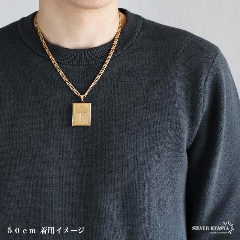 ステンレス ロケットネックレス HIPHOP ダブル喜平チェーンネックレス ロケットペンダント クロスネックレス 写真 記念 思い出 50cm 60cm ゴールドネックレス 18KGP シルバー 十字架 6面カット メンズ 男性 金属アレルギー対応