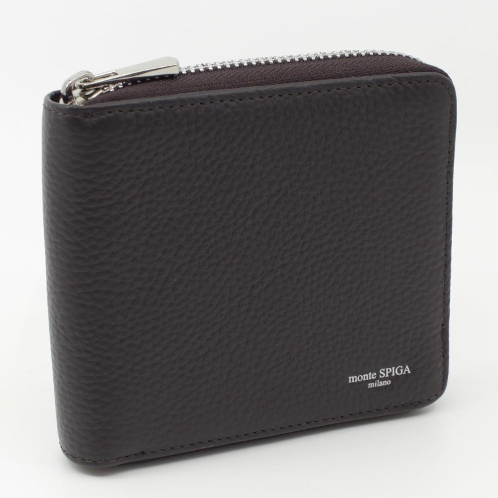 モンテスピガ　monte SPIGA　ラウンドファスナー二つ折り財布　MOSMSP701DBR　ダークブラウン　濃茶　シュリンクレザー　牛革　ジップアラウンド ウォレット