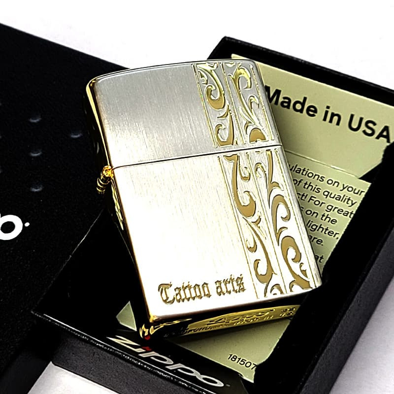 ZIPPO ライター トライバル アラベスク おしゃれ ジッポ シルバーサテン サイドゴールド 唐草 彫刻 かっこいい シンプル レディース メンズ プレゼント ギフト