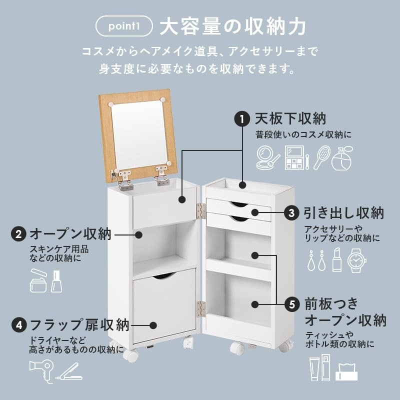 コスメワゴン キャスター付き コスメボックス 化粧台 サイドワゴン ドレッサー ミラー付き コスメテーブル 木製 机 幅30.5cm シンプル ホワイト テレワーク 収納ボックス コスメ 収納 化粧品 引出し 収納付き 容量 一人暮らし