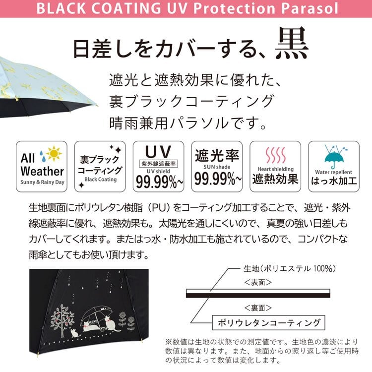 オールウェザー 折りたたみ傘 定形外 送料無料 黒コーティング傘 S35174 日傘 晴雨兼用傘 傘 ねこ 遮光 遮熱 にゃんこ UVカット 紫外線対策 日焼け対策