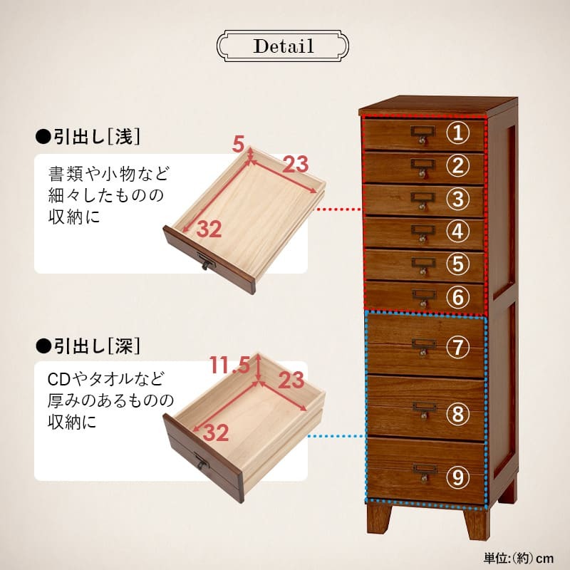 チェスト 9段チェスト A4収納可 幅28×高さ99cm 書類 整理 収納力 木目調 引き出し 天然木 リビング収納 マルチ収納 文房具 工具類 事務 オフィス キッチン ネームプレート ブラウン ホワイト アンティック風 新生活