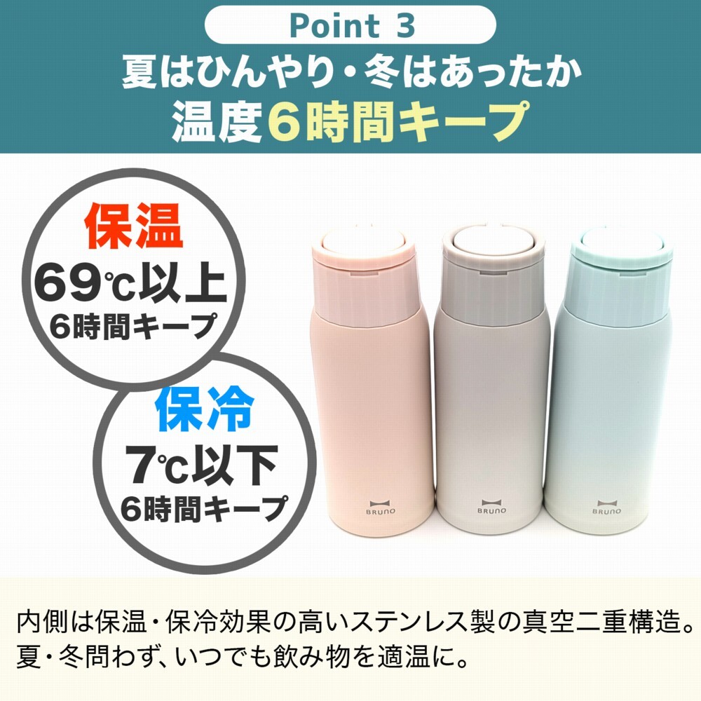【熨斗・ラッピング無料】BRUNO ブルーノ ハンドルつき軽量ステンレススクリューボトル medium BHK329 350ml 保温 保冷 ギフト タンブラー 水筒 女性 名入れ