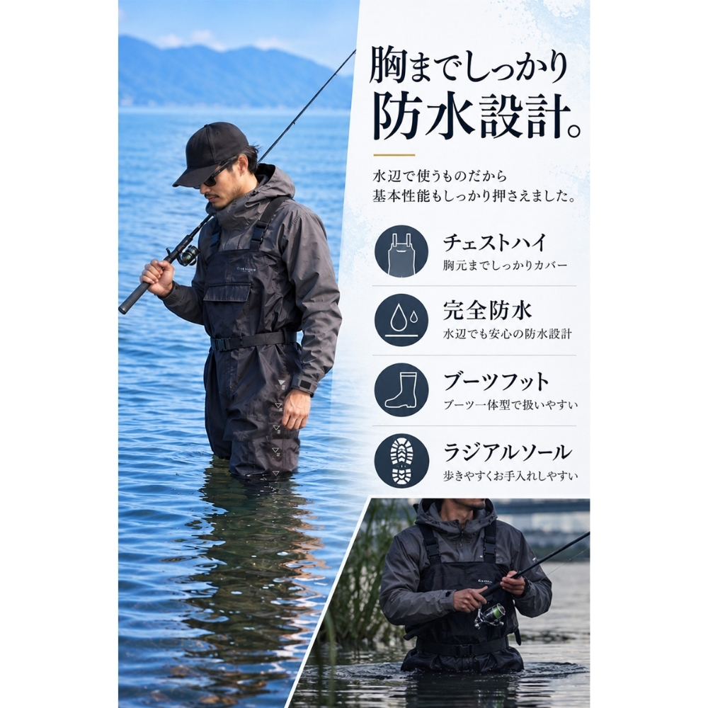 GranWalker グランウォーカー ショートブーツ チェストハイウェーダー ラジアルソール 軽量 完全防水 釣りグッズ 渓流 サーフ アウトドア用 キャンプ