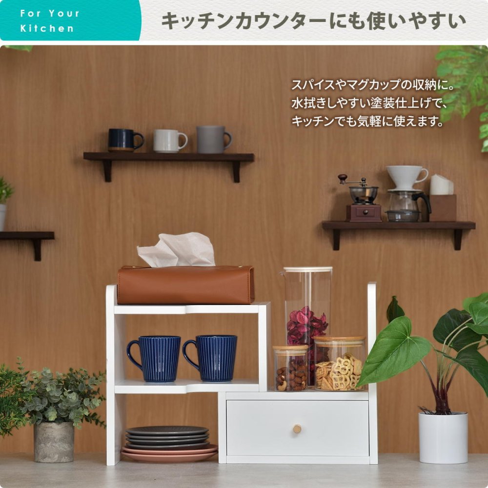 BF DECO 卓上伸縮ラック BFLS0408 デスクラック スパイスラック 幅32.5～58.5cm 奥行22cm 高さ35cm リビング収納 卓上 カウンター ミニ食器棚 棚 伸縮キッチンラック すき間収納 デスク上 ラック 小物収納 おしゃれ 新生活