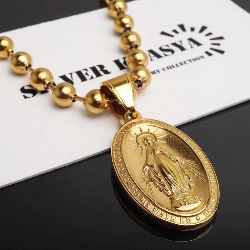 ステンレス マリアネックレス ボールチェーンネックレス ペンダントネックレス ゴールド 18KGP 不思議のメダイ 聖母 重厚感 HIPHOP B系 メンズ 男性 金属アレルギー対応