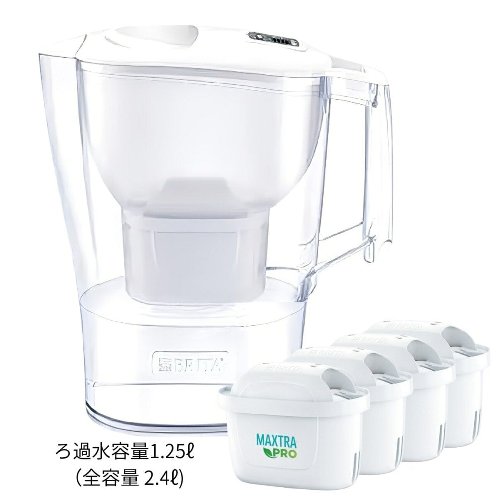 ブリタ ポット型 浄水器 アルーナ 容量2.4L カートリッジ4個付き ろ過水容量1.25L  液晶メモ (交換目安:1日5.3L で4週間 ) 型番:KBALCW4M  サイズ(mm) : 奥行100 横幅249 高さ260mm 実用的