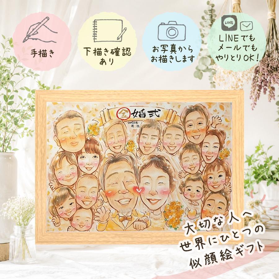金婚式 似顔絵 贈り物 名入れ 手描き ギフト プレゼント 金婚式 お祝い 記念日 結婚記念日 結婚50周年 大人数 祖父母 お母さん 家族 両親 夫婦 お父さん 名入れ 修正無料 下書き確認 喜ばれる そっくり 一生もの 実績多数 長寿 思い出 50周年 感謝 お祝い返し 古希祝い メモリアルギフト 還暦祝い 色紙 初任給 結婚祝い クリスマス 喜寿祝い 闘病中の方への励まし