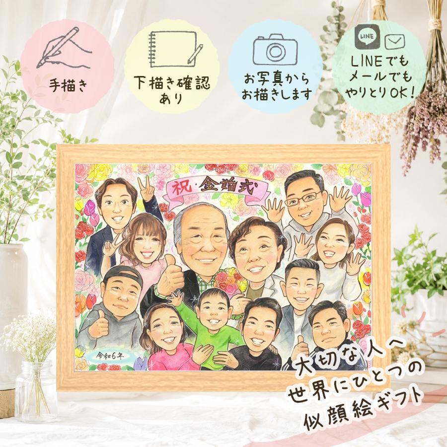 金婚式 贈り物 似顔絵 名入れ ギフト 手描き プレゼント 金婚式 結婚記念日 記念日 お祝い 結婚50周年 大人数 お母さん 両親 お父さん 祖父母 夫婦 家族 修正無料 名入れ 下書き確認 一生もの 親孝行 宝物 そっくり 感謝 50周年 長寿 思い出 感謝の品 クリスマス 二次会 感動 節目 ウェディングギフト 感激 ホワイトデー メモリアル 卒寿祝い