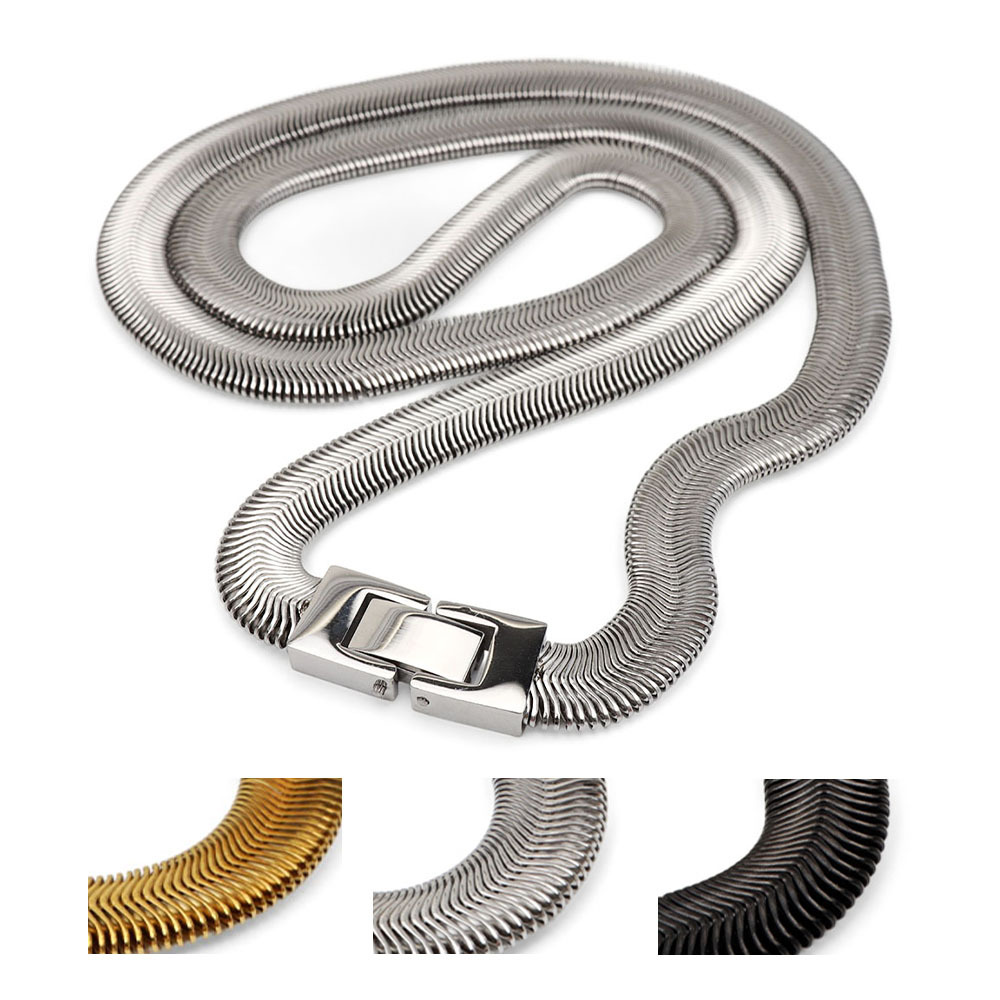 ステンレス 幅8mm スネークチェーンネックレス 3カラー メンズ ヘリンボーン ワイド 平打ち 中折れ式 留め具 シンプル 首飾り アクセサリー ストリート カジュアル モード 存在感 幾何学模様 おしゃれ 金属アレルギー対応