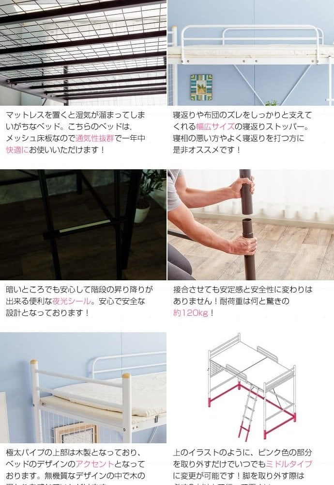 ベッド 寝具 宮付きロフト シングル ハイタイプ ミドルタイプ パイプ ベット おしゃれ 1人暮らし こども部屋 高さ変更 棚 コンセント付き 下収納 ワンルーム