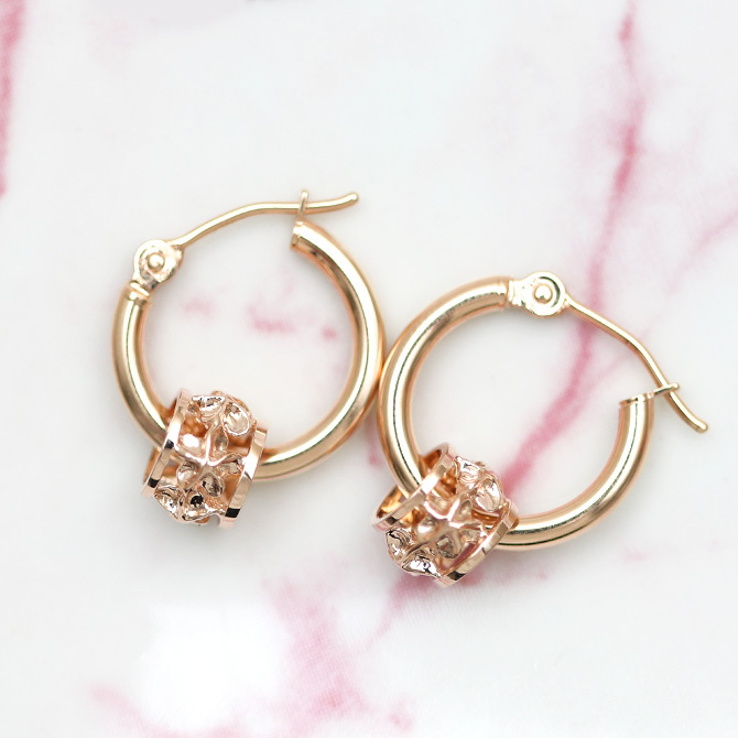 ハワイアンジュエリー フープピアス ピアス ピンクゴールド ピアス 外径15mm クロッシングピアス プルメリア 透かし バレル 樽 ゴールド 揺れる 片耳(1個)購入可 K14 14K 20G ゲージ 彼女 妻 女性 レディース プレゼント ハロウィン 【品番：GE221R】