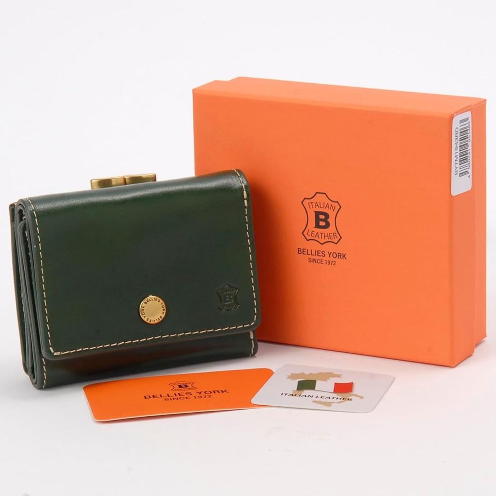 ベリーズヨーク　BELLIES YORK　三つ折り財布　ガマ口ポケット　BYTM1943GR　グリーン　緑色　ベジタブルタンニン　イタリアンレザー　牛革　”エイジングを楽しむ革小物”