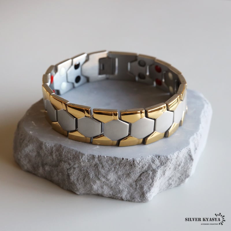 ステンレス 磁気ブレスレット 幅18mm メンズ ワイド 六角形 幾何学デザイン バイカラー ボリューム 太め 存在感 大人 カジュアル きれいめ ストリート モード 男性 手元 アクセサリー ファッション 金属アレルギー対応