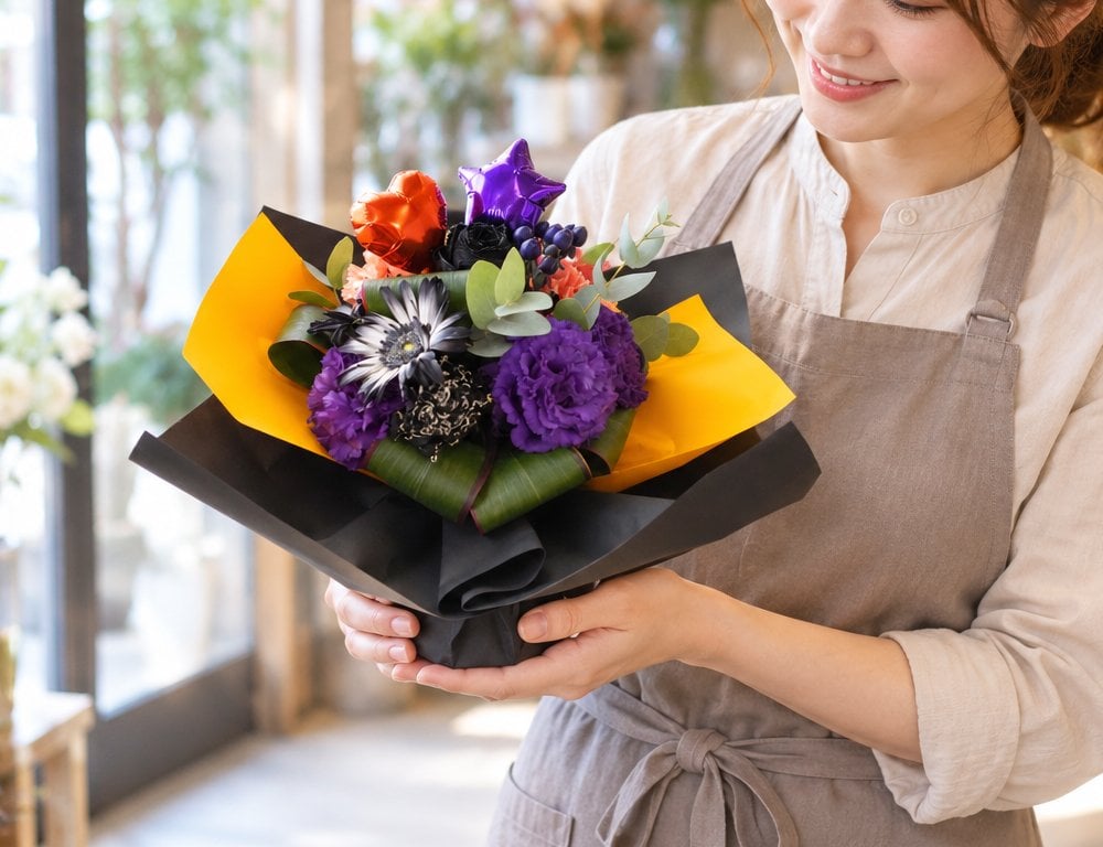 【ハロウィンのラッピングのまま飾れる花束】スタンディングブーケ 　即日発送　レビューを書いて送料無料　生花 花束 誕生日に 色を選んで 花はおまかせ花束（ブーケ）ラッピングのまま飾れる ラウンドタイプ 生花 花束 ブーケ プレゼント 父の日 誕生日 結婚祝い 記念日 お見舞 送別 新築祝い 母の日 敬老の日 ウエディング テーブル装花 御祝 出産 ホワイトデー お供え お中元 お歳暮