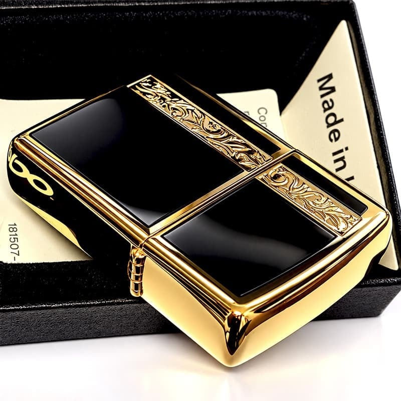 ZIPPO ライター シンプル アラベスク ライン入り ロゴ 金 両面加工 ジッポ ゴールド ブラック かっこいい メンズ プレゼント ギフト