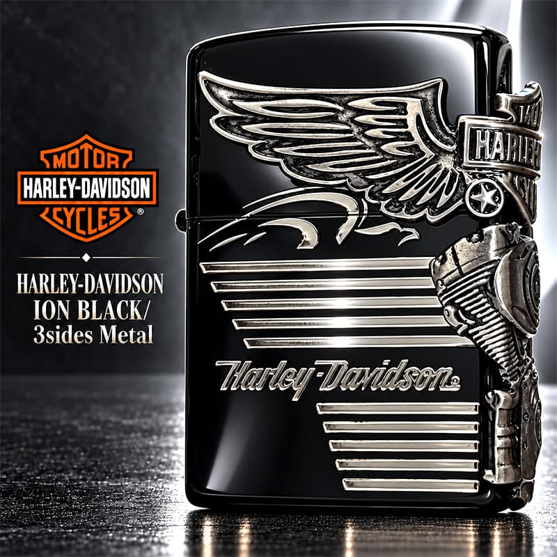 ZIPPO ハーレーダビッドソン ジッポ ライター イオンブラック＆ニッケルサテン 3面メタル 国内限定モデル 両面加工 黒銀 かっこいい おしゃれ メンズ ギフト プレゼント