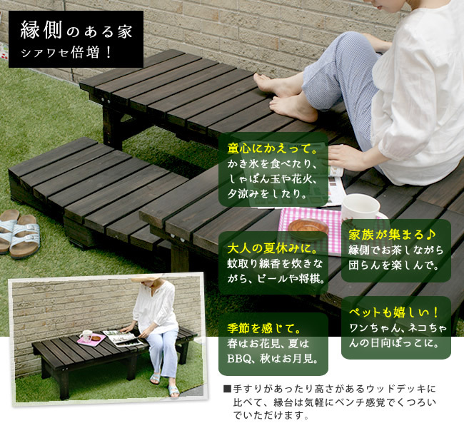 ウッドデッキ デッキ縁台 180×58cm 送料無料 ウッドデッキ風 簡単 縁側 本格的 DIY 木製 天然木 庭 ベランダ マンション おしゃれ 小型 北欧 ガーデン 屋外 家具 ブラウン ダークブラウン ライトブラウン エクステリア ガーデン用品