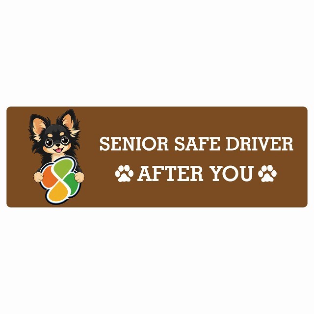 カーサイン 高齢者マーク SENIOR SAFE DRIVER ロングコートチワワ ステッカー シール 長方形 15x5cm 肉球 日本製 車
