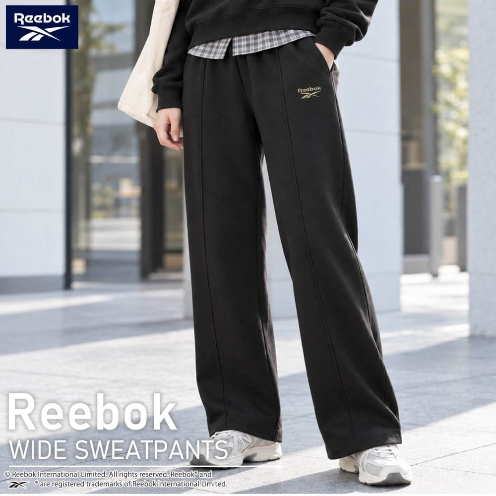 Reebok リーボック スウェットパンツ レディース ワイドパンツ ピンタック イージーパンツ 裏起毛 暖かい ロゴ 防寒 スタイルアップ 脚長 スポーツブランド ストリート ルームウェア M L LL 黒 RL-6501 2026FW Karlas