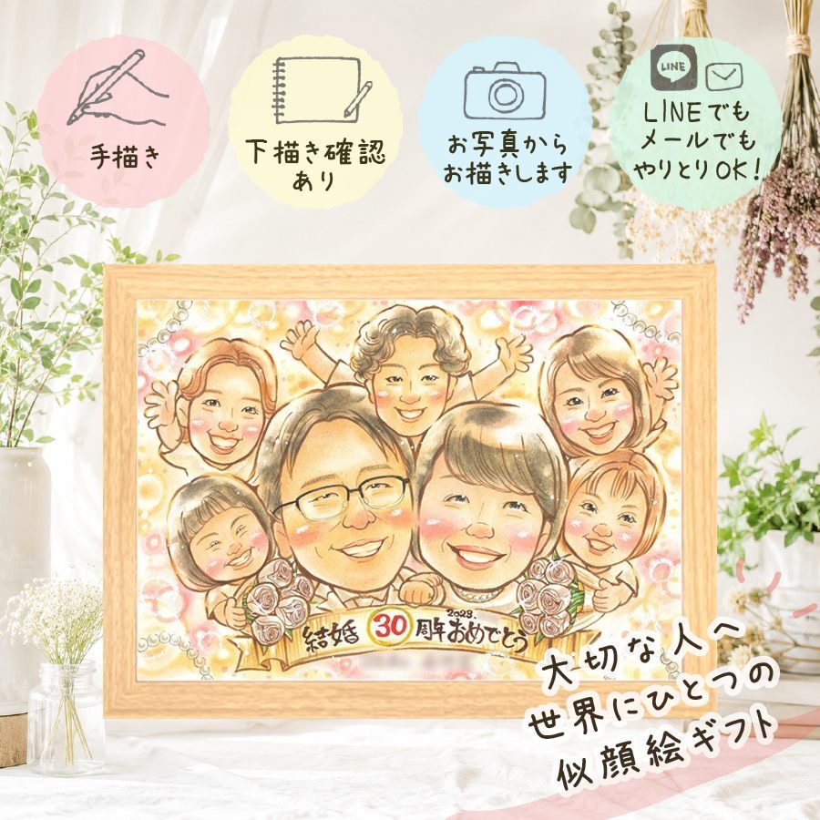 結婚記念日 似顔絵 ギフト 手描き 名入れ 贈り物 プレゼント 真珠婚 結婚記念日 記念日 結婚30周年 大人数 ご夫婦 家族 両親 お父さん 夫婦 修正無料 名入れ 下書き確認 そっくり 喜ばれる 実績多数 かわいい 30周年 記念 感謝 思い出 バレンタインデー 長寿祝い オーダーメイド 結婚祝い お祝い返し カラフル 贈答品 ブライダルギフト 闘病中の方への励まし