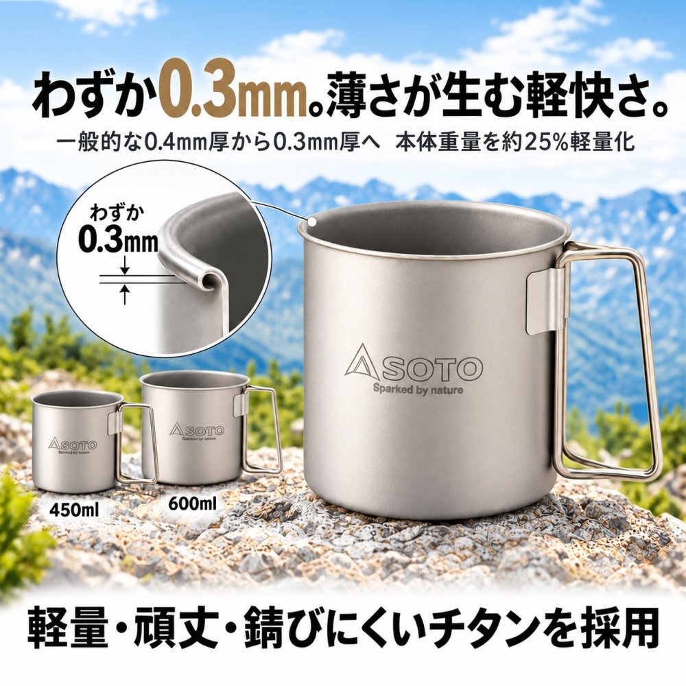 【ラッピング無料】SOTO ソト チタンマグ 450ml 600ml SOD-532 SOD-533 軽量 チタン製 折りたたみハンドル アウトドア用 キャンプ