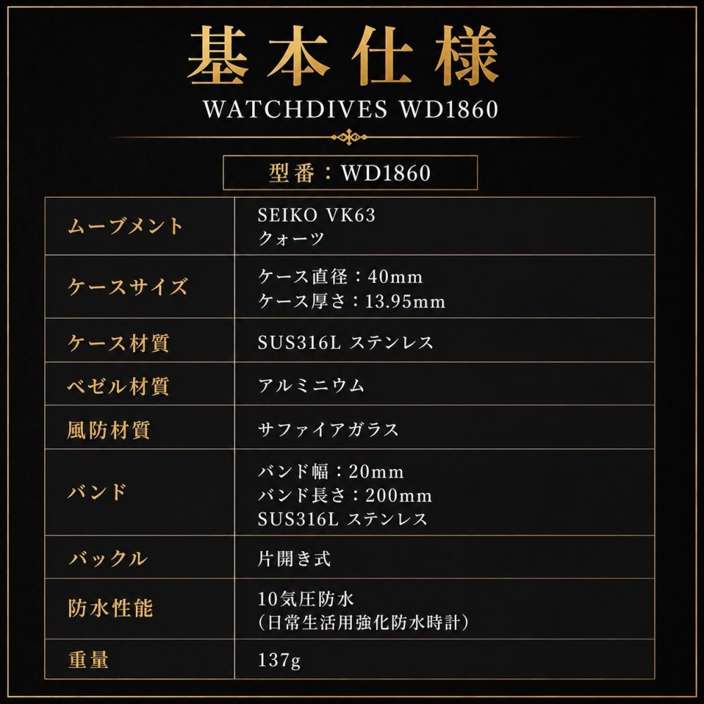 腕時計 メンズ 40代 50代 クロノグラフ オマージュウォッチ クォーツ メカクォーツ 40mm WATCHDIVES WD1860