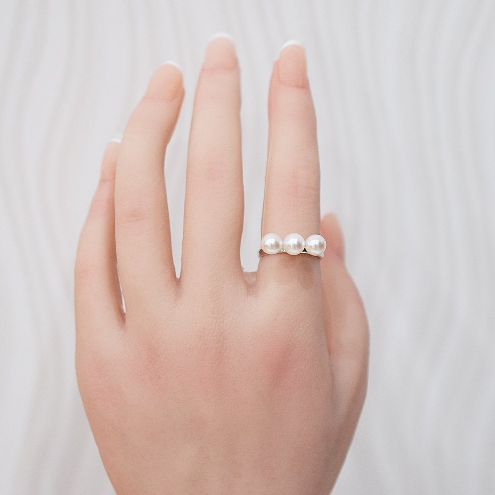 ［pearl611］6mm - 6.5mm 3連 ライン リング ホワイトピンク あこや真珠 SV925 シルバー
