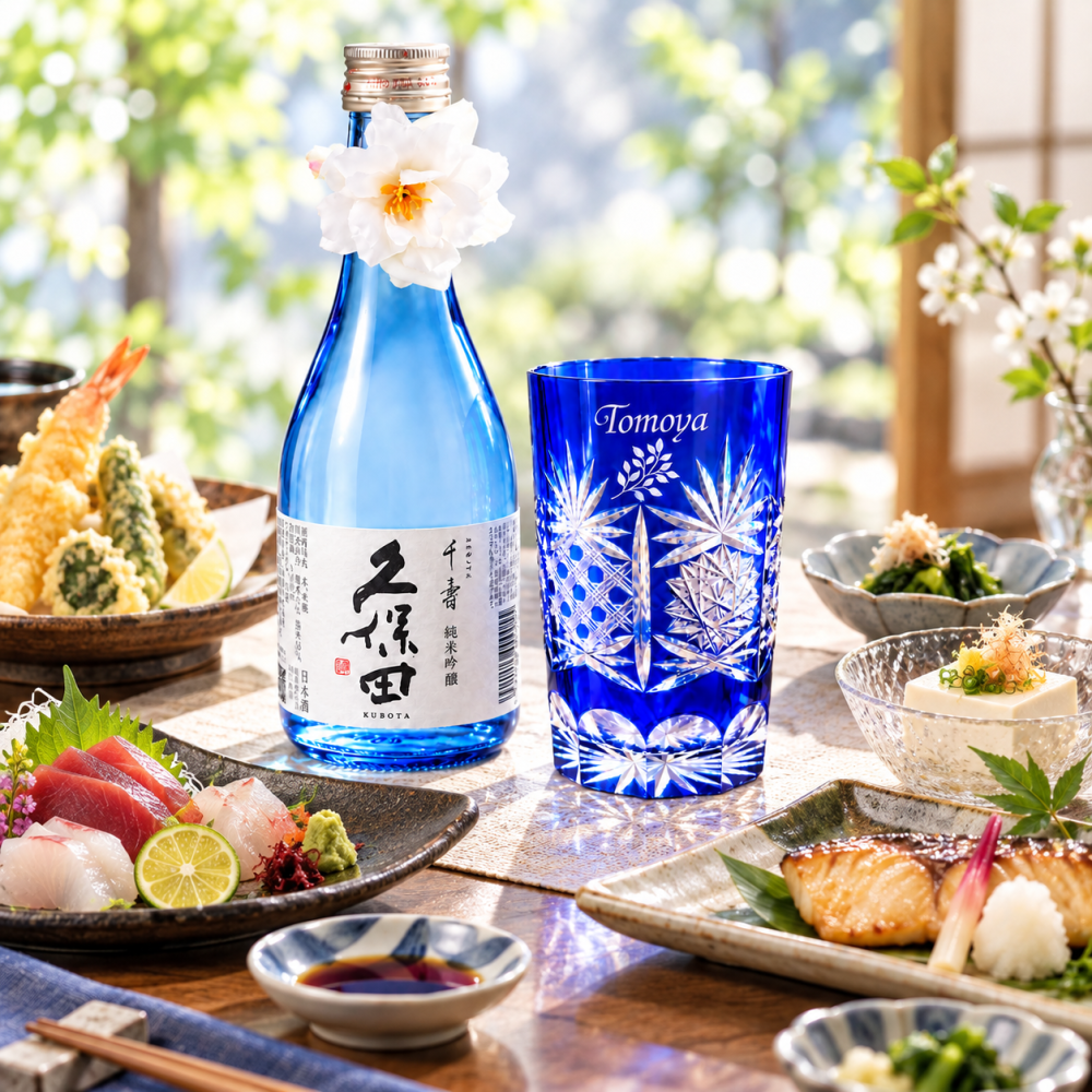 敬老の日 退職 名入れ SXX 酒セット 久保田 千寿 純米吟醸 300ml 瑠璃切子グラスと久保田 千寿のプレミアム酒器セット コサージュ付 ギフトBOX入り /