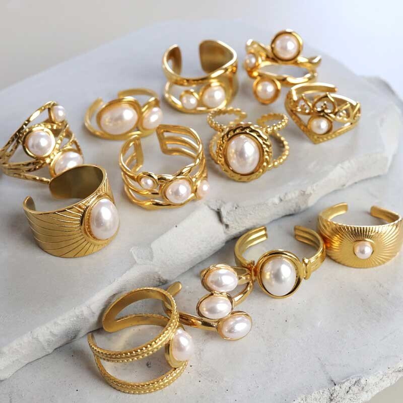 ステンレス パールリング 12タイプ パール 18KGP ゴールド gold オープンリング フリーサイズ レディース 女性 指輪 金属アレルギー対応