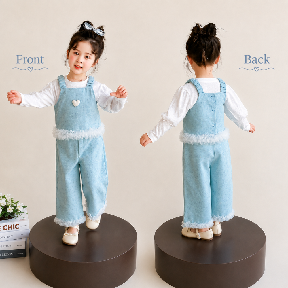 キッズ セットアップ 3点セット 女の子 子供服 長袖Tシャツ キャミソールトップス ワイドパンツ フリル ハート 春 秋 冬 おしゃれ 可愛い 姉妹コーデ お揃い 90 100 110 120 130 140cm