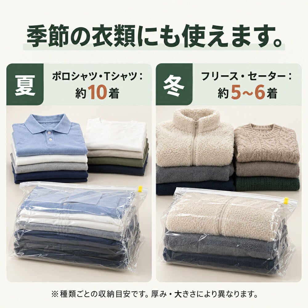 掃除機不要 大きめ衣類の圧縮袋2枚組 / 圧縮袋 衣類圧縮袋 布団圧縮袋 掃除機不要 手押し圧縮 大容量 収納袋 衣替え ダウンジャケット セーター 毛布 タオルケット 省スペース 2枚セット /掃除機なしで上から押すだけ