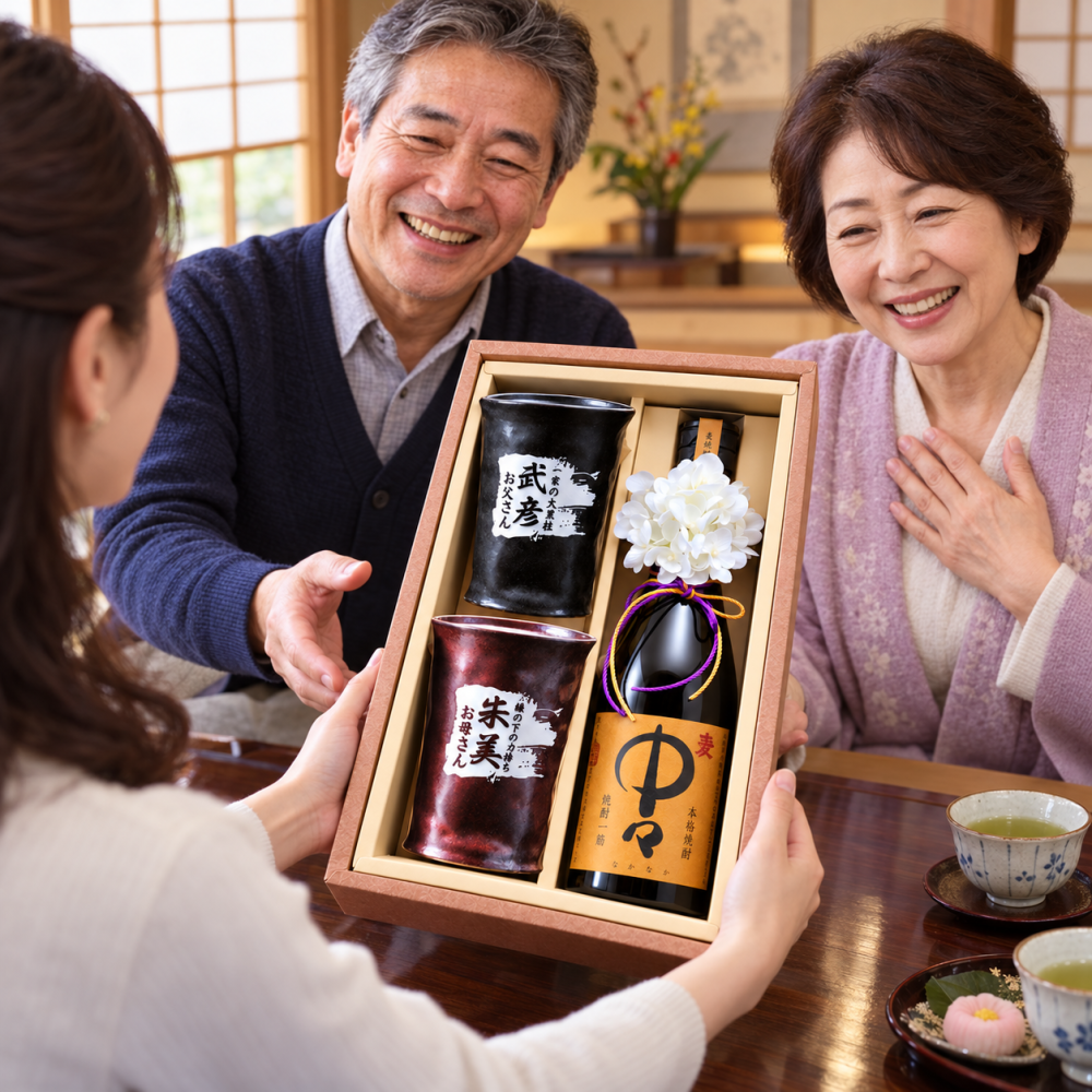 卒業 退職 名入れ ペアギフト SXX 酒セット 麦焼酎 黒木本店 中々 720ml & 有田焼 二重構造 保温保冷 タンブラーカップ 茶 黒 2点 紐リボン・コサージュ付 ギフトBOX入り / プレゼント ギフト 夫婦 結婚 金婚式 銀婚式 退職 記念 誕生日 長寿 祝い