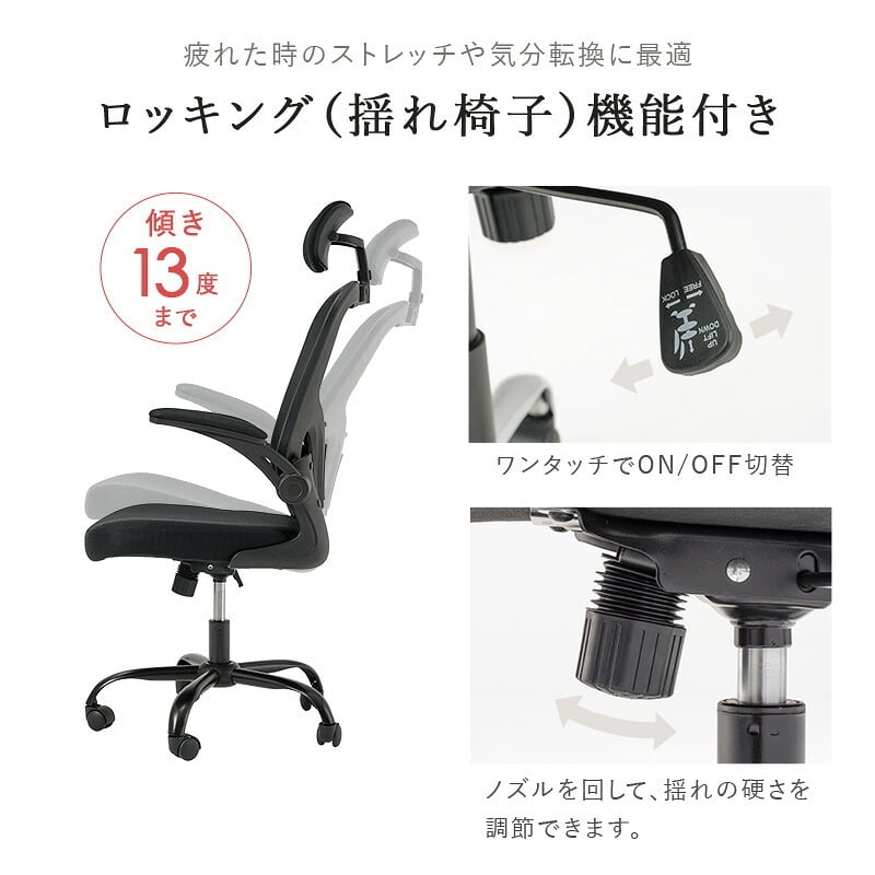 オフィスチェア メッシュ オフィス ヘッドレスト ランバーサポート 跳ね上げ式 アームレスト 可動肘 ロッキング 昇降 回転 キャスター付き ハイバック ワーク 椅子 いす 事務椅子 在宅ワーク テレワーク ブラック グレー 通気性 ポリエステル イス 新生活