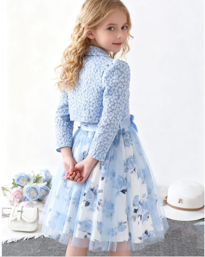 子供ドレス ピアノ発表会 ボレロ ジャケット+ワンピース　キッズ ブルー （110-160CM）パープル　ピンク 七五三 ロング パーティー プリンセス ウエディング 中学生 誕生日 入園式 入学式 演奏会 フラワーガール ギフト　花柄フォーマル２点セット　特別な日を華やかに彩る