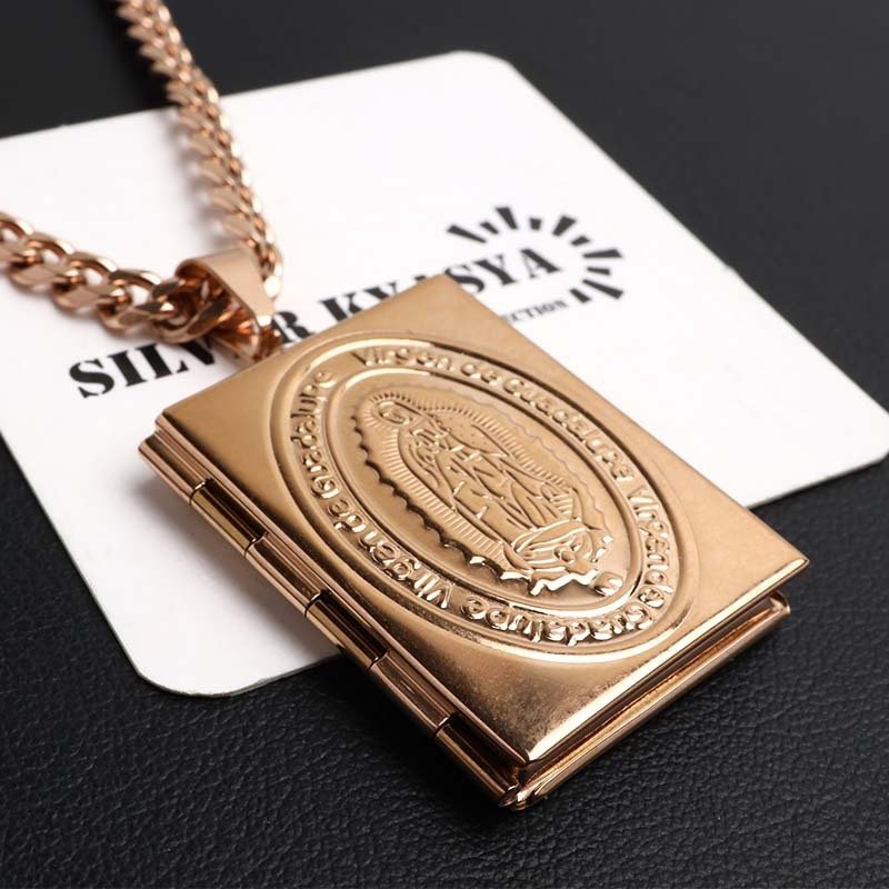 ステンレス ロケットネックレス HIPHOP 喜平チェーンネックレス ロケットペンダント マリアネックレス 写真 記念 思い出 50cm 60cm ピンク 聖母 6面カット 男性 メンズ 金属アレルギー対応