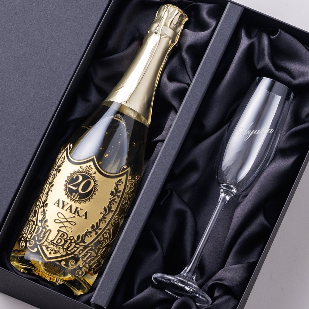 名入れボトル＆グラス ゴールドスパークリング＆シャンパングラスセット with SWAROVSKI 名入れ お酒 シャンパン ワイン 彫刻 ボトル スワロフスキー お酒【バースデー《誕生日》】【ウェディング《結婚》】【父の日】【母の日】【クリスマス】【記念日】【開店】【卒業】