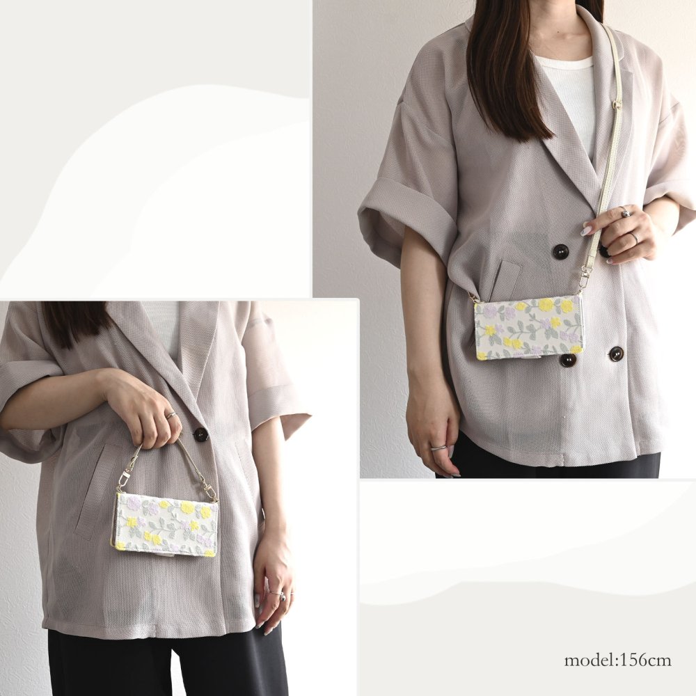 多機種対応 スマホケース 手帳型 【 ボタニカル フラワーガーデン 刺繍 】 スマホショルダー サイドマグネット ニュアンスカラー