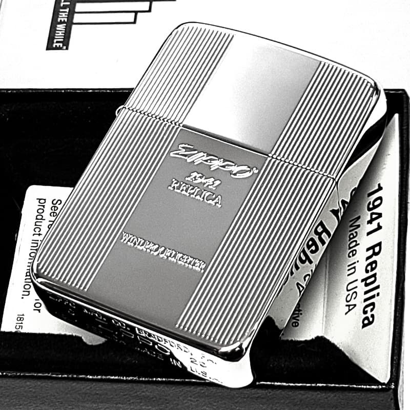 ZIPPO ライター 1941復刻 プレミアムシャイン シルバー 鏡面仕上げ ジッポ ロゴ 両面加工 ストライプ 彫刻 かっこいい 丸角 高級 銀 メンズ おしゃれ ギフト プレゼント