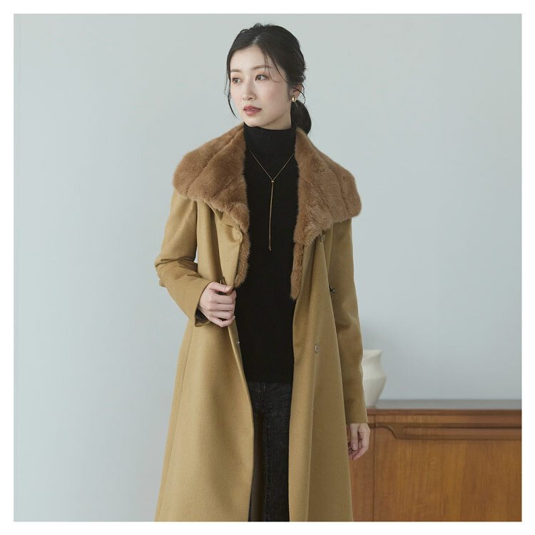 カシミヤ 100％ ロング コート ミンク襟 内モンゴル産 レディース ロングコート 秋 冬 着丈110cm キャメル ロング丈 高級 上質 30代 40代 50代 母 ギフト プレゼント 6F (02000104r)