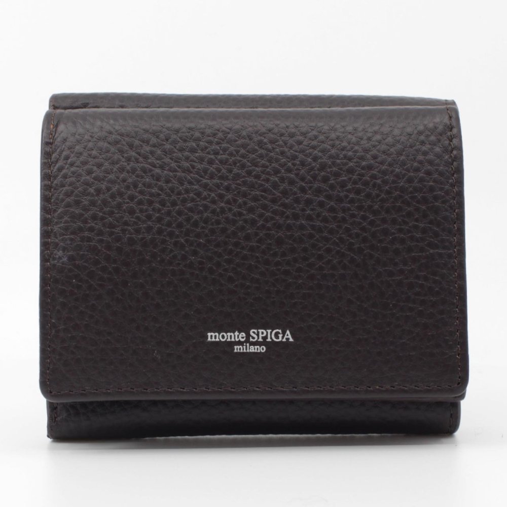 モンテスピガ　monte SPIGA　コンパクト財布　MOSMSP301DBR　ダークブラウン　濃茶　シュリンクレザー　牛革　三つ折り財布　トライフォード ウォレット