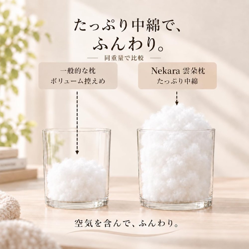 Nekara 枕 まくら ホテル仕様 両面仕様 柔らかめ 寝心地 横向き寝・仰向け寝・うつ伏せ寝対応 高反発の支え感 撥水・防汚加工生地 丸洗いOK 快眠枕 63×43cm